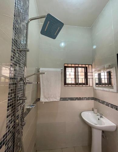 a bathroom with a shower and a sink and a mirror at LUXURYs apartment in Abomey-Calavi