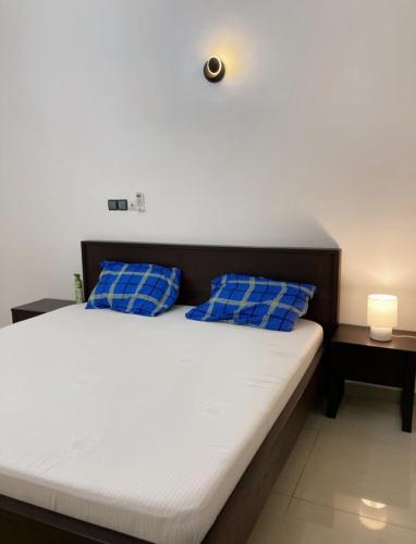 a bed with blue pillows in a room at LUXURYs apartment in Abomey-Calavi