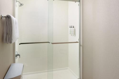 um chuveiro com uma porta de vidro na casa de banho em SpringHill Suites Raleigh-Durham Airport/Research Triangle Park em Durham