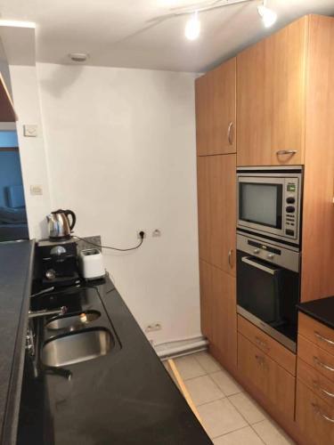 une cuisine avec un évier et un micro-ondes dans l'établissement Appartement Faubourg Montmartre CityCosy, à Paris