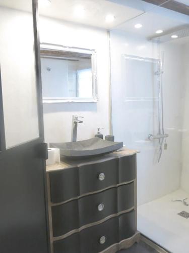 une salle de bain avec un lavabo et une douche dans l'établissement Apartment Saintonge CityCosy, à Paris
