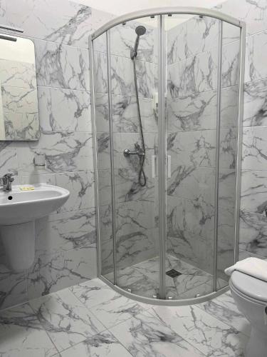 a bathroom with a shower and a sink at Via Baltica in Sargėnai