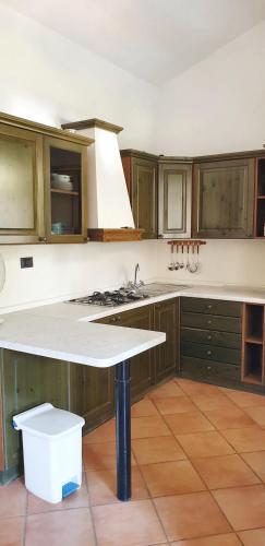 a kitchen with wooden cabinets and a white counter top at One bedroom apartement at Lacona 100 m away from the beach with enclosed garden in Lacona