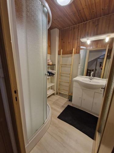 une petite salle de bain avec un lavabo et un miroir dans l'établissement Maison au cœur de la cité, à Foix