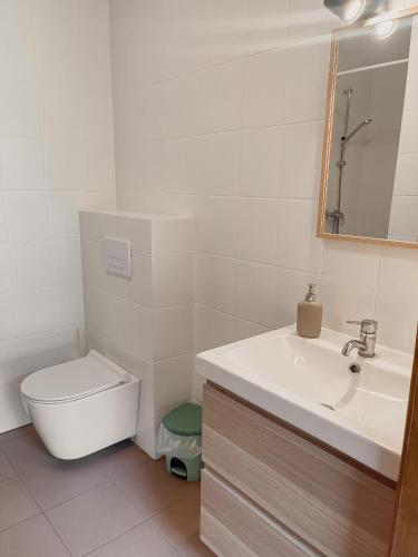 a white bathroom with a toilet and a sink at Ośrodek Wypoczynkowy LINY in Kargowa