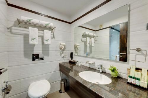 ocaen Suites Near Delhi Airport في نيودلهي: حمام مع حوض ومرحاض ومرآة