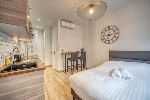 Cet appartement comprend une chambre avec un lit et un évier ainsi qu'une cuisine. dans l'établissement Le Félix 2, studio entièrement équipé et aménagé pour accueillir confortablement 2 personnes, tout proche de la gare de Grenoble sur l'avenue Félix Viallet, à Grenoble