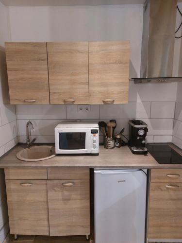 a kitchen with a white microwave on a counter at Oázis Vendégház és Appartman in Szilvásvárad