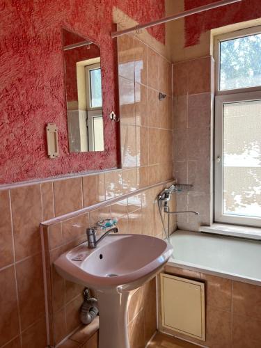 ein Bad mit einem Waschbecken und einem Spiegel in der Unterkunft Mini hotel in Almaty
