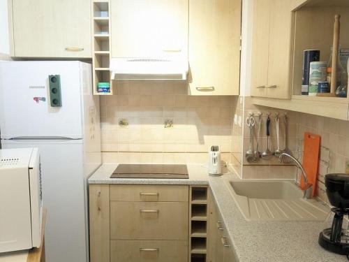 une cuisine avec un réfrigérateur blanc et un évier dans l'établissement Charmant 2 pièces au pied des pistes avec balcon et casier à skis - FR-1-557-78, à Les Adrets