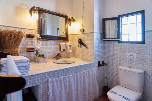 La salle de bains est pourvue d'un lavabo, d'un miroir et de toilettes. dans l'établissement La Sierrezuela, à Castillo de Locubín