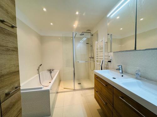 une salle de bain avec une douche, un lavabo et une baignoire dans l'établissement La villa de CK, à Antibes