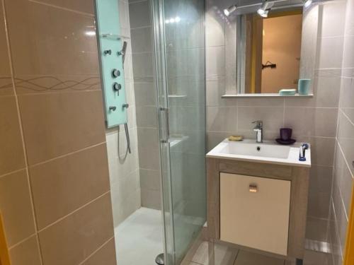 une salle de bain avec douche et lavabo dans l'établissement Appartement T2 avec Garage à Proximité des Plages et Attractions - FR-1-749-65, au Cap d'Agde