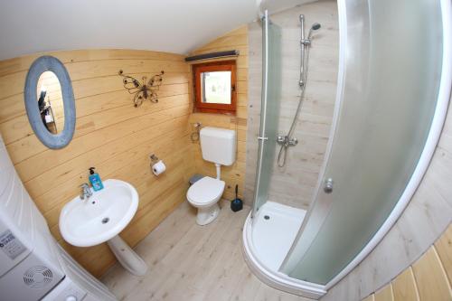 y baño con ducha, aseo y lavamanos. en Mountain view Lodges, en Žabljak