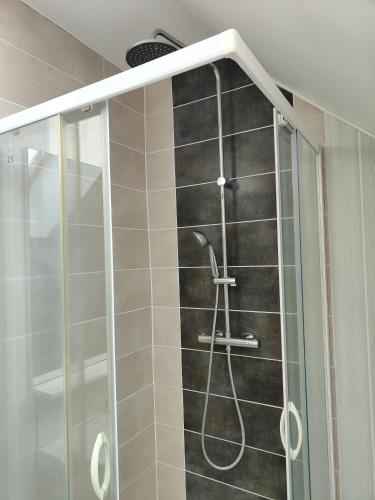 une douche avec une porte vitrée dans une salle de bain dans l'établissement Gite Pierre et Modernité, à Saint-Maurice-la-Souterraine