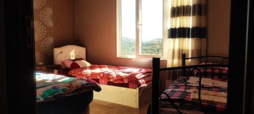 a small room with two beds and a window at The Friends in Kutaisi