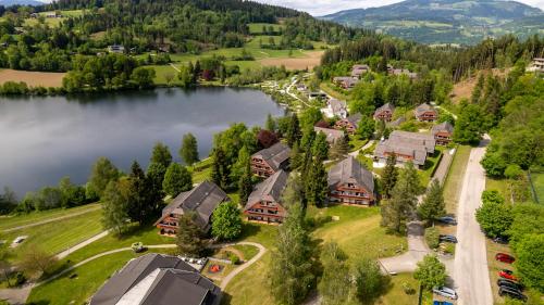 an aerial view of a house next to a lake at Feriendorf am Maltschacher See in Feldkirchen in Kärnten
