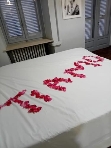 a pile of red rose petals on a bed at La casa di Cate & Adry in Envie
