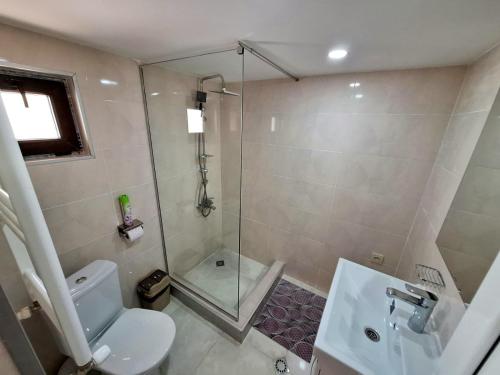 Un baño con ducha, inodoro y lavabo. en Alongside Park Borjomi, en Borjomi