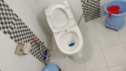 ein Badezimmer mit einem weißen WC und einem blauen Mülleimer in der Unterkunft Thesleepingbeautyhotel in Jyotirmath