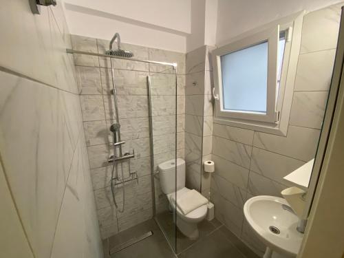 a bathroom with a shower and a toilet and a sink at Annoula Studios and Apartments in Kardamaina