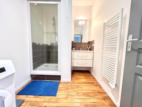 La salle de bains est pourvue d'une douche et d'un tapis bleu. dans l'établissement Le Cassiopée ~ T3 avec parking proche centre ville, à Poitiers