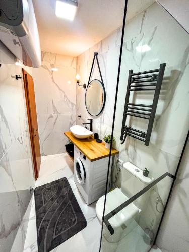 a small bathroom with a sink and a mirror at Aneta Apartments in Risan