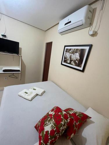 a bed with a red pillow and a picture on the wall at Pousada Villa Bella in Palmeiras
