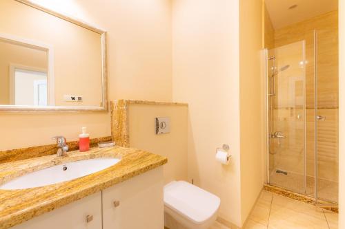 een badkamer met een wastafel, een douche en een toilet bij Victus Apartamenty, Apartament Garden in Sopot