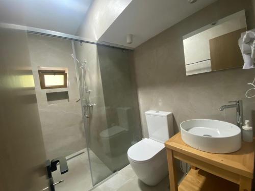 a bathroom with a shower and a toilet and a sink at Old Town Hotel in Gjirokastër
