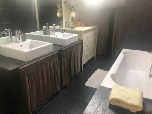 une salle de bain avec deux lavabos et une baignoire dans l'établissement Duplex atypique avec terrasse, à Marseille