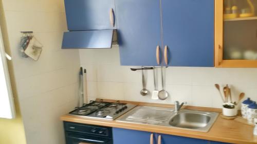 una pequeña cocina con armarios azules y fregadero en One bedroom apartement with sea view and terrace at Trani 1 km away from the beach, en Trani