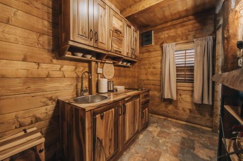 a kitchen with wooden cabinets and a sink at Ethno Lodge AB in Virpazar