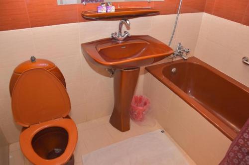 a bathroom with an orange toilet and a sink at Faran Hotel in Karachi