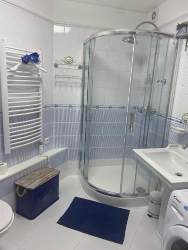 a bathroom with a shower and a sink at Lomnice nad Popelkou in Lomnice nad Popelkou