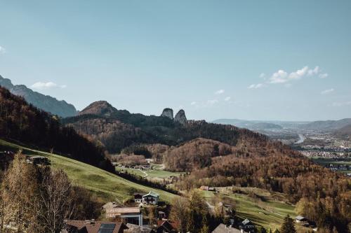 a view of a valley with trees and mountains at the salt vis à vis in Hallein