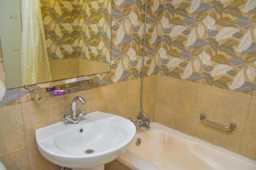 a bathroom with a sink and a mirror and a tub at Faran Hotel in Karachi