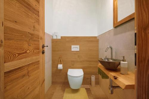 a bathroom with a toilet and a sink at Bergchalet 1 in Freyung