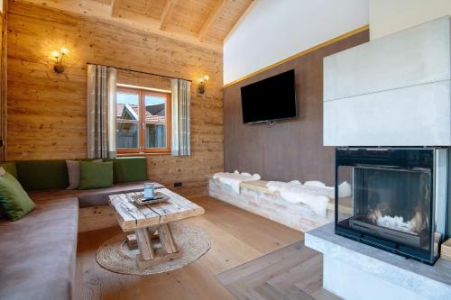 a living room with a fireplace and a tv at Bergchalet 1 in Freyung