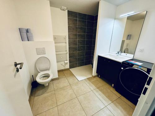 a bathroom with a toilet and a sink and a mirror at Superbe duplex au pied de la plage in Mimizan