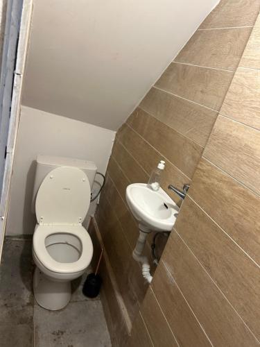 La salle de bains est pourvue de toilettes et d'un lavabo. dans l'établissement Chambre 2 lits simples, à Bruxelles