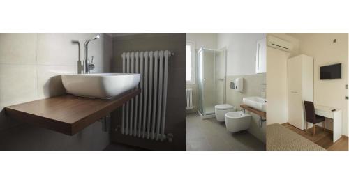 deux photos d'une salle de bains avec lavabo et radiateur dans l'établissement Borgo del Faro, à Fano