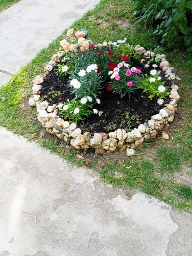 a garden with flowers in a circle of rocks at Nóra Vendégház in Abádszalók