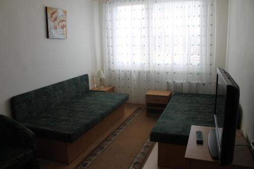 a living room with a green couch and a television at ŠD Jedlíkova 5 in Košice