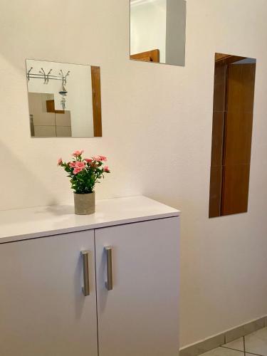 a bathroom with a white cabinet with a vase of flowers on it at Studio Lokvica in Omišalj