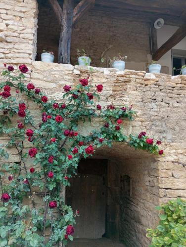 un mur en pierre avec des roses rouges qui poussent sur lui dans l'établissement Gîte à la ferme, à Viserny