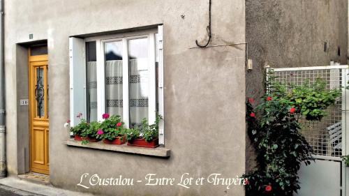 una ventana con macetas al lado de un edificio en L'Oustalou - Gîte entre Lot et Truyère en Entraygues-sur-Truyère