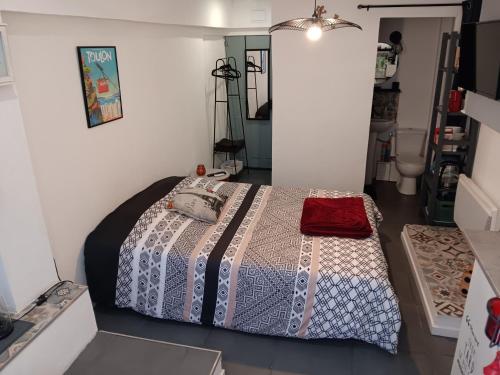 una camera da letto con un letto in una stanza di Studio avec salle d'eau, wc et coin cuisine a Signes