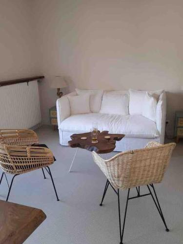un salon avec un canapé blanc et des chaises dans l'établissement Biarritz studio extra centre grande plage, à Biarritz