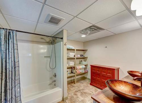 a bathroom with a shower and a sink at Cozy 3BR Cabin with Lake View in Dawsonville in Dawsonville